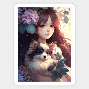 Cute Floral Anime girl With Her Dog Sticker